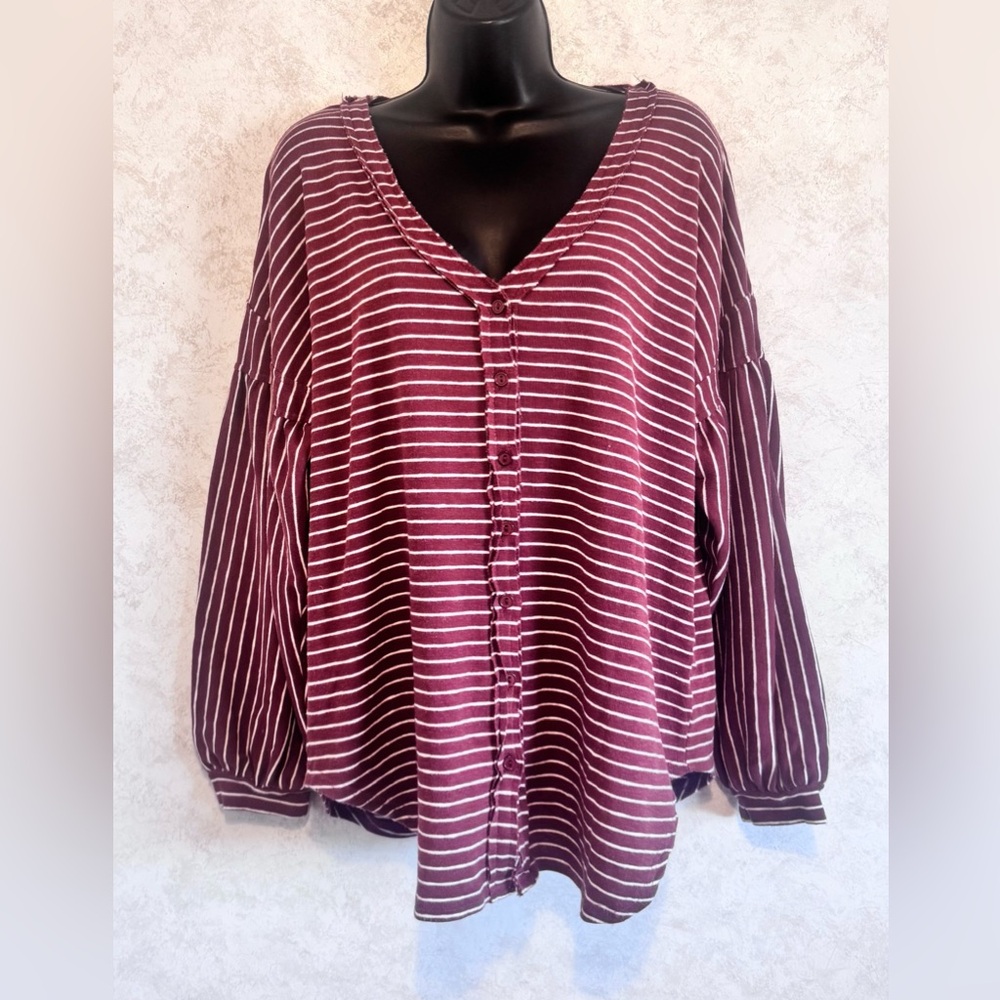 Anthropologie Her Entire Name Says Grace Knit Maroon White Stripe Top Button Med